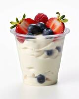 Delicious Yogurt with Fresh Strawberries and Berries in a Plastic Cup AI Generated photo