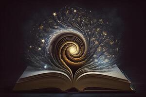 The Nightly Voyage A Book Surrounded by a Swirl of Stars AI Generated photo