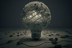 Bright Idea Lightbulb surrounded by a network of wires AI Generated photo
