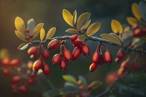 Vibrant Red Berries of Barberry on a Bush Branch AI Generated photo