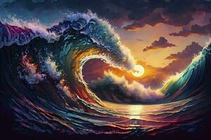 vibrante puesta de sol Oceano ola con cresta forma ai generado foto