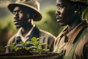 Two Workers Showing Coffee Sprouts AI Generated photo