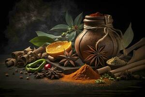 Vibrant Food Still Life with Aromatic and Pungent Spices AI Generated photo