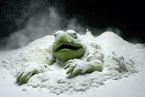 kermit el rana tendido cara abajo en un pila de blanco polvo ai generado foto