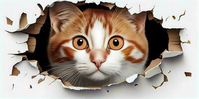 Playful Red Cat Peeking Through Torn Hole in Paper AI Generated photo