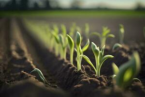 Fresh Green Sprouts in a Springtime Cornfield AI Generated photo