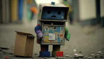 Creatively Upcycled Junk Art Robot with Vibrant Google Colors AI Generated photo