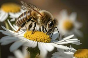 Busy honey bee collecting nectar from chamomile flower AI Generated photo