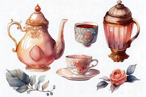 Beautiful Victorian Art Style Illustration of Detailed Watercolor Tea AI Generated photo