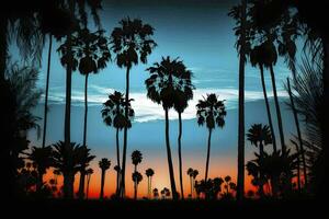 sereno silueta palma arboles en contra un azul cielo a puesta de sol ai generado foto