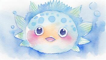 Playful Pufferfish A Charming Rough Watercolor Illustration AI Generated photo