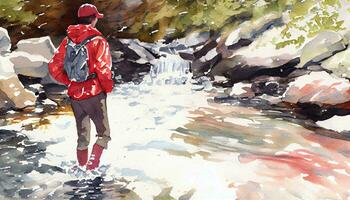 Hiker with Red Jacket and Beige Trousers in Rough Watercolor AI Generated photo