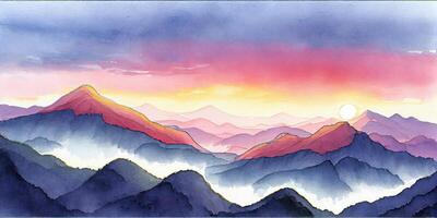 Serene Chinese Mountain Landscape in Mild Watercolor AI Generated photo