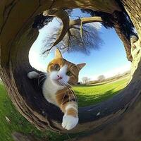 gato que cae desde un árbol filmado con un ojo de pez cámara ai generado foto