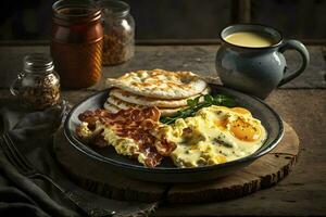 Delicious Breakfast Plate with Scrambled Eggs Bacon and Biscuits AI Generated photo