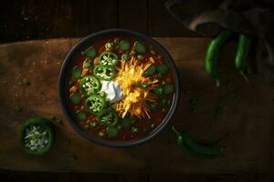Delicious Bowl of Chili with Cheese and Green Onion AI Generated photo