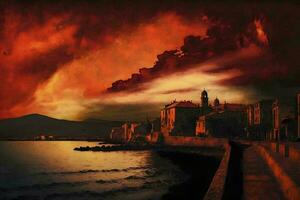 Vibrant Red Sky Over Alghero AI Generated photo