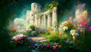 Romantic Ruins The Garden of Flowers AI Generated photo