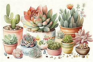 Cozy Watercolor Illustration of Succulent and Pastel Objects AI Generated photo
