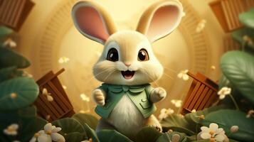 Playful 3D Illustrated Rabbit Hopping Over Hexagon Podium AI Generated photo