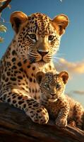 Leopard and Cub Resting on Branch AI Generated photo