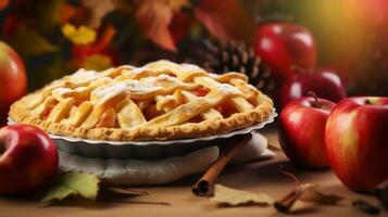 Delicious Apple Pie on a Bright Autumn Background AI Generated photo