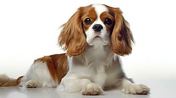 adorable caballero Rey Charles spaniel perro en blanco antecedentes ai generado foto