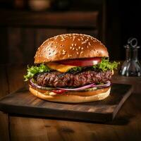 Closeup of Homemade Beef Burger on Wooden Table AI Generated photo