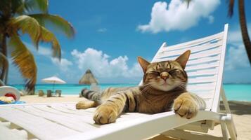 Relaxing Cat Sunbathing on Seaside Beach AI Generated photo