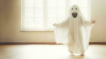 adorable japonés niño vestido como un fantasma ai generado foto