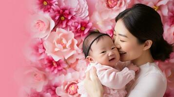 Adorable Newborn Japanese Baby Being Held by Mother AI Generated photo