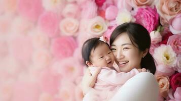 adorable recién nacido japonés bebé siendo retenida por madre ai generado foto