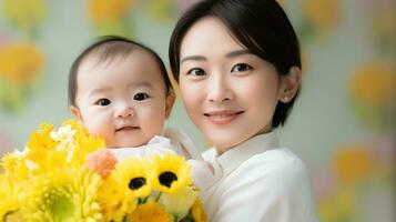 adorable recién nacido japonés bebé siendo retenida por madre ai generado foto