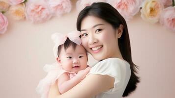 Adorable Newborn Japanese Baby Being Held by Mother AI Generated photo