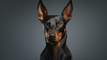 elegante caballero pinscher perro en blanco antecedentes ai generado foto