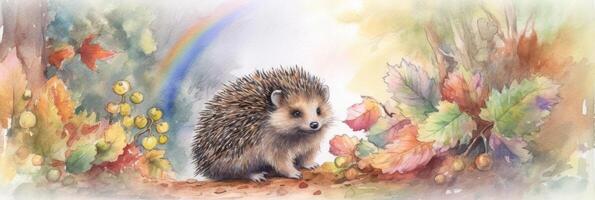 Delighted Hedgehog Enjoying a Rainbow After Rain AI Generated photo