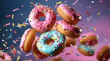 Colorful Flying Frosted Sprinkled Donuts Set AI Generated photo