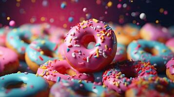 Colorful Flying Frosted Sprinkled Donuts Set AI Generated photo