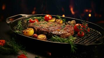 Delicious Grilled Beef Steak with Grilled Vegetables AI Generated photo