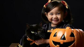 linda japonés 2 años niña en Víspera de Todos los Santos disfraz ai generado foto