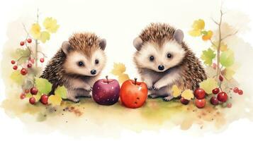 Cute Hedgehogs Enjoying Autumn Berries AI Generated photo