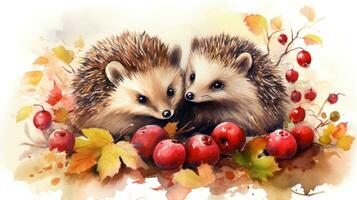 Cute Hedgehogs Enjoying Autumn Berries AI Generated photo