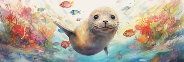 Colorful Baby Seal and Sea Creatures in a Tropical Sea AI Generated photo