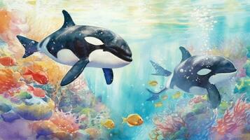 Playful Killer Whales in a Tropical Sea AI Generated photo