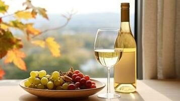 Japanese Style Autumn White Wine Glass and Bottle AI Generated photo