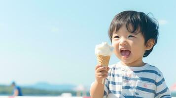 Happy Japanese Toddler Enjoying Ice Cream Outdoors AI Generated photo