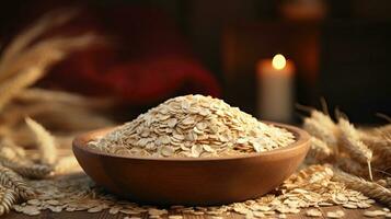 sano desayuno concepto avena copos en de madera cuenco ai generado foto