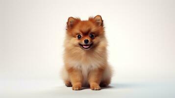 adorable pomeranio perro en blanco antecedentes ai generado foto