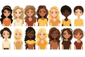 Diverse Group of Girls with Unique Skin Tones  Kids Flat Design AI Generated photo