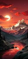 Perfectly Geometric Snowy Mountain with Red Sky Background AI Generated photo